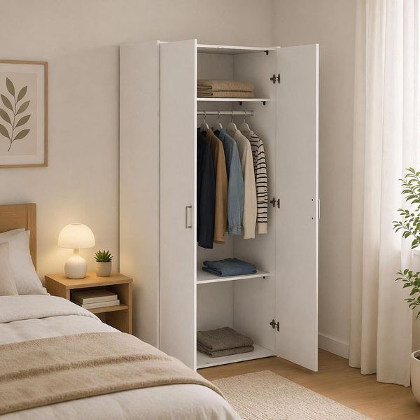 Kompakter weisser zweitueriger Garderobenschrank, platzsparendes Schlafzimmermoebel mit Massen 78 x 50 x 175 cm