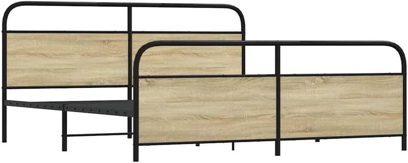 Modernes Metall-Doppelbett in Sonoma-Eiche Optik mit festem Kopfteil, stabiler Bettrahmen ohne Matratze 180 x 200 cm