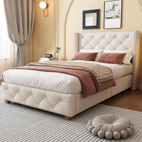 Beiges Samt-Einzelbett mit gepolstertem Kopfteil und stabilem Lattenrost, edles modernes Schlafmoebel 90 x 200 cm