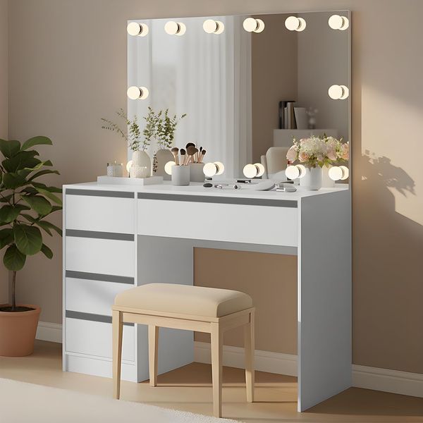 Weisser grosser Kosmetiktisch mit Touch-gesteuertem LED-Hollywood-Spiegel in drei Farbstufen, fuenf Stauraumschubladen inklusive 110 x 77 x 53 cm