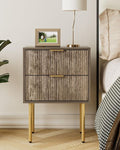 Grauer Boho-Stil Nachttisch mit zwei Stauraumschubladen, moderner kompakter Nachtschrank fuer Wohn- und Schlafraeume
