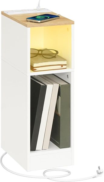 Zweifarbiger Braun-Weiss Beistelltisch mit Sensor-LED-Beleuchtung und Ladefunktion, platzsparendes Moebel fuer Wohn- und Schlafraeume