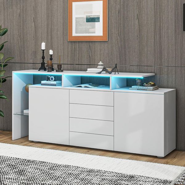 Hochglanz weisses multifunktionales Sideboard mit LED-Beleuchtung, universeller Stauraumschrank fuer Wohn- und Esszimmer