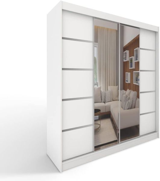 Geraeumiger weisser Kleiderschrank mit zwei Schiebetueren und Spiegelflaeche, multifunktionale Aufbewahrung fuer Schlafzimmer 150 x 200 x 58 cm