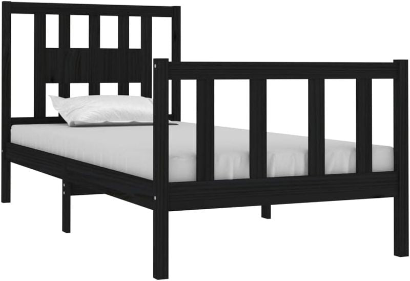 Schwarzes massives Holzeinzelbett mit stabilem Lattenrost, kompaktes robustes Schlafzimmermoebel fuer kleine Raeume 75 x 190 cm